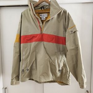Vintage Columbia Men's Beige Windbreaker with Red and Yellow Stripes